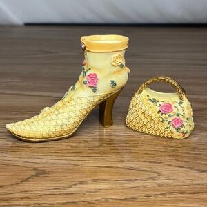 K's Collection Miniature Boot and Handbag Figurine Set Yellow Floral Resin Decor
